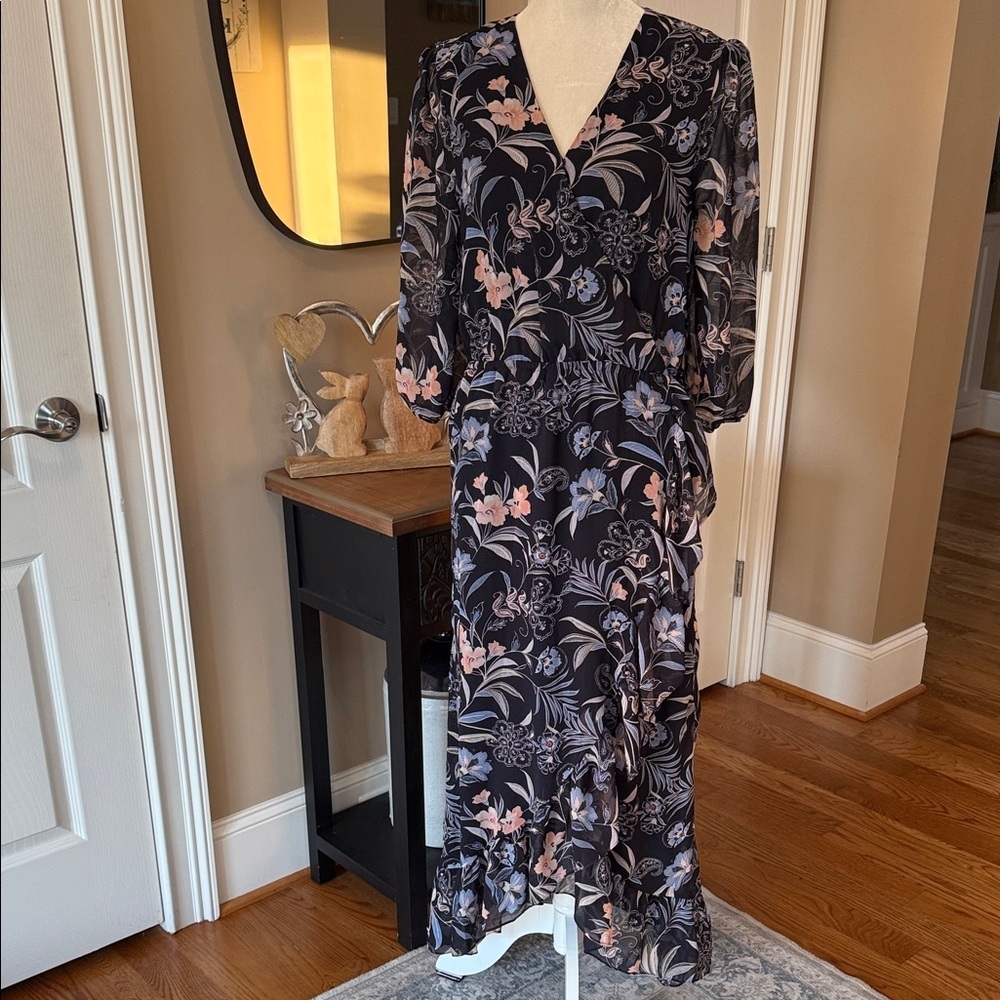1. STATE Floral Faux Wrap Midi Dress Black Sheer Sleeve Size 12